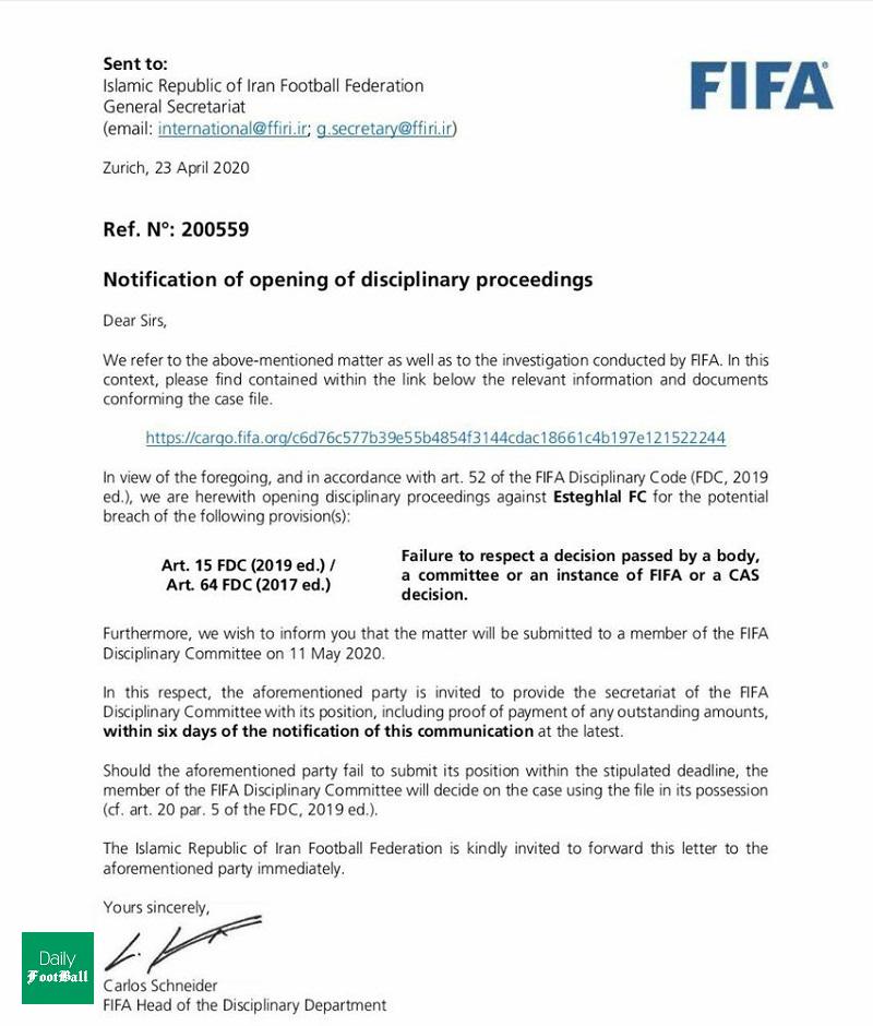 فیفا رسما استقلال را به کسر امتیاز تهدید کرد