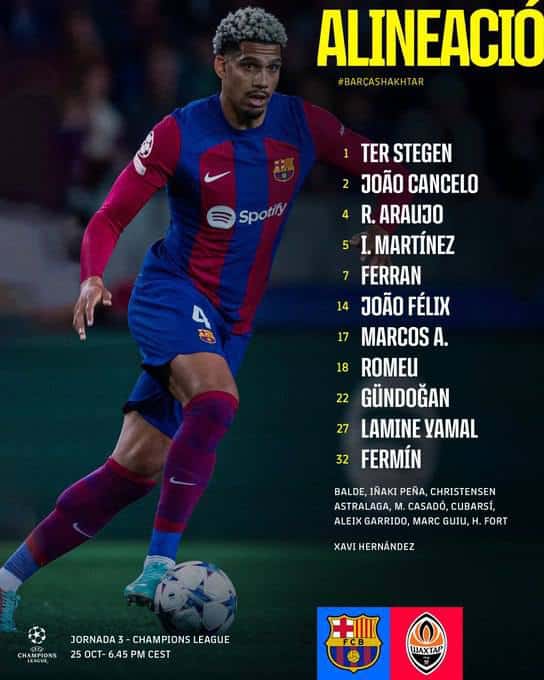 ترکیب بارسلونا مقابل شاختار دونتسک برای بازی امشب 3 آبان 1402 | دیلی فوتبال