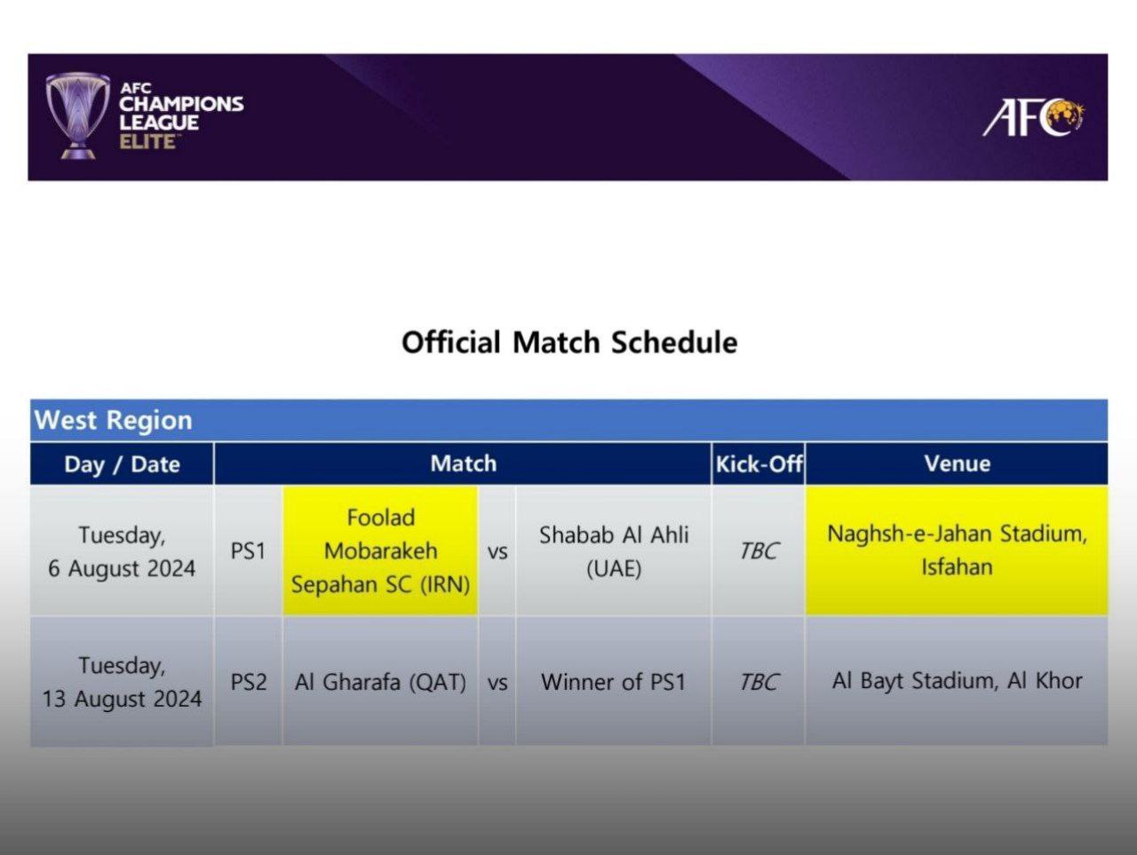 برنامه بازی های سپاهان در پلی آف لیگ نخبگان آسیا 2024 برنامه بازی های سپاهان در پلی آف لیگ نخبگان آسیا 2024 | دیلی فوتبال
