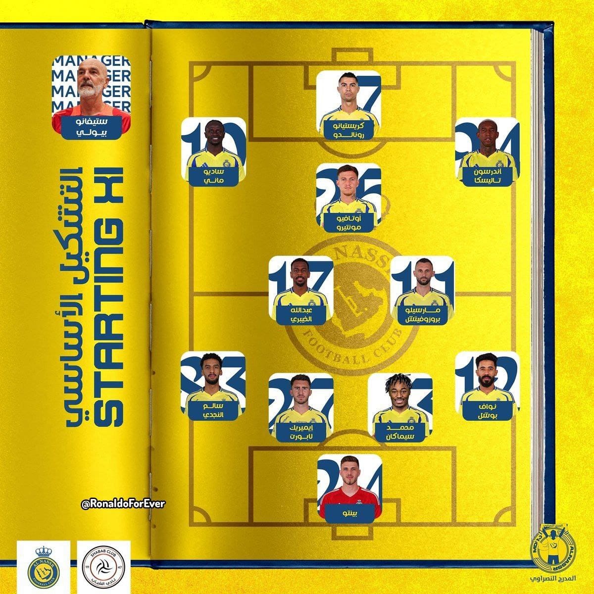 کریستیانو رونالدو در ترکیب النصر مقابل الشباب برای بازی امشب 27 مهر 1403 کریستیانو رونالدو در ترکیب النصر مقابل الشباب برای بازی امشب 27 مهر 1403 | دیلی فوتبال